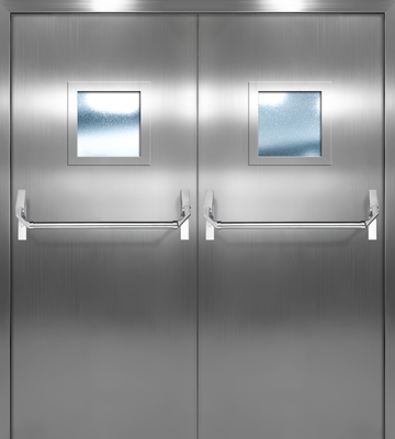 Двупольная противопожарная дверь EI 60 «Антипаника» из нержавеющей стали с квадратным стеклом 40